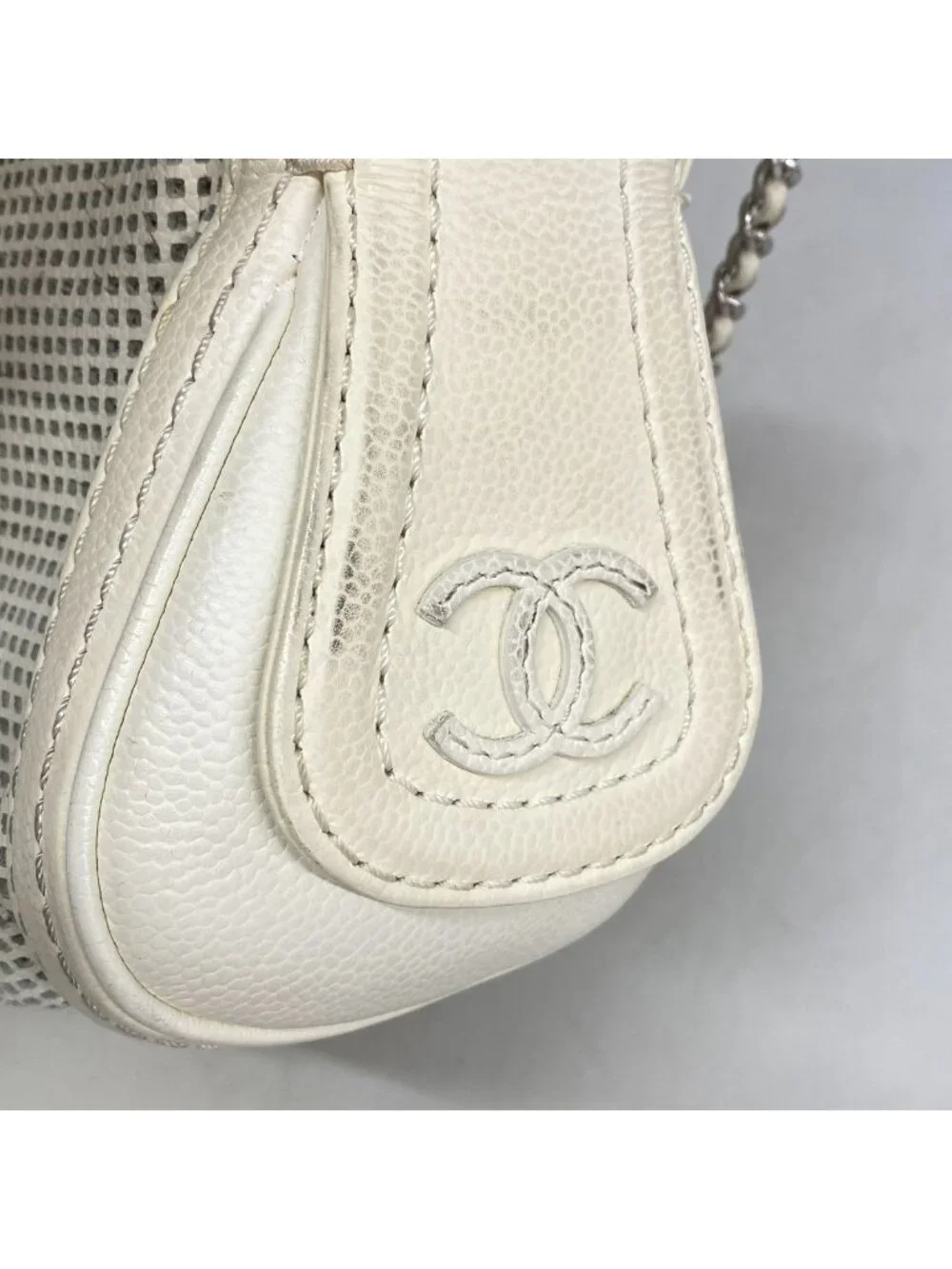 Chanel Shoulder Bag Perforated Leather Ivory Silver